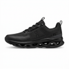On Cloud style triple black running shoe side view white background